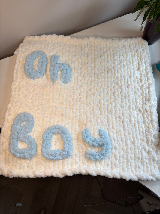 Handmade chunky chenille baby blanket with Oh Boy lettering in baby blue by Knit Me Harder Co.